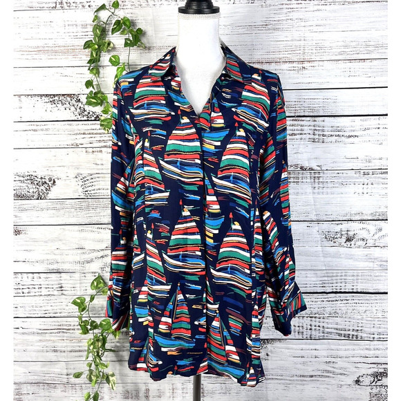 Soft Surroundings Blouse Shirt size Medium Sail Away Sailor Sail Boats Nautical - Picture 1 of 16